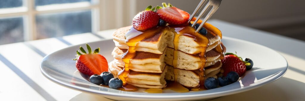 A stack of fluffy pancakes topped with syrup and fresh berries, with a fork cutting into them.