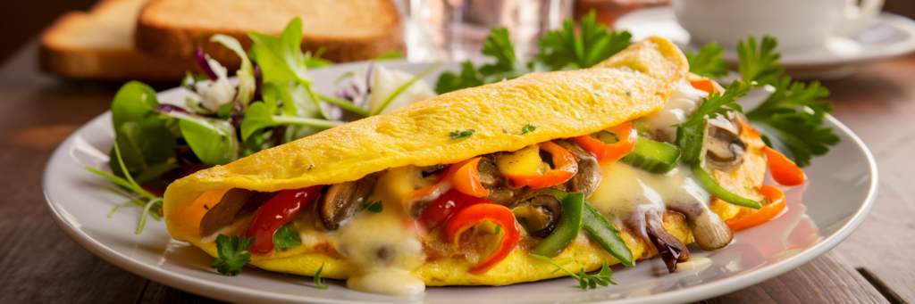 A golden omelet filled with melted cheese, mushrooms, and bell peppers, served with a fresh green salad on a white plate.