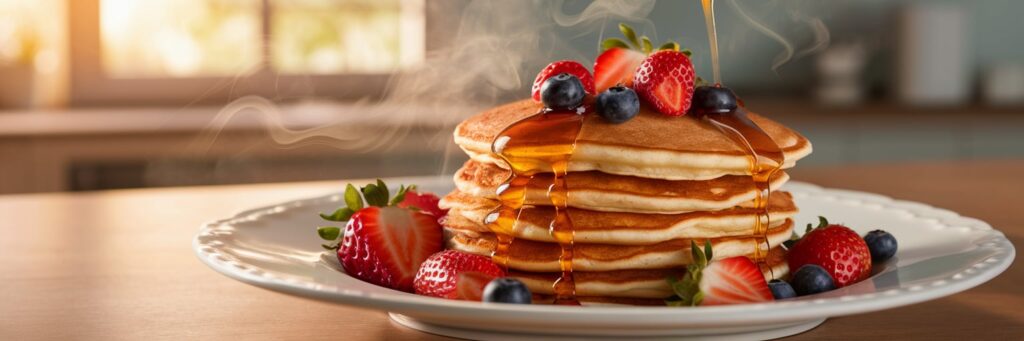 A stack of golden brown pancakes drizzled with syrup and topped with fresh strawberries and blueberries on a white plate.