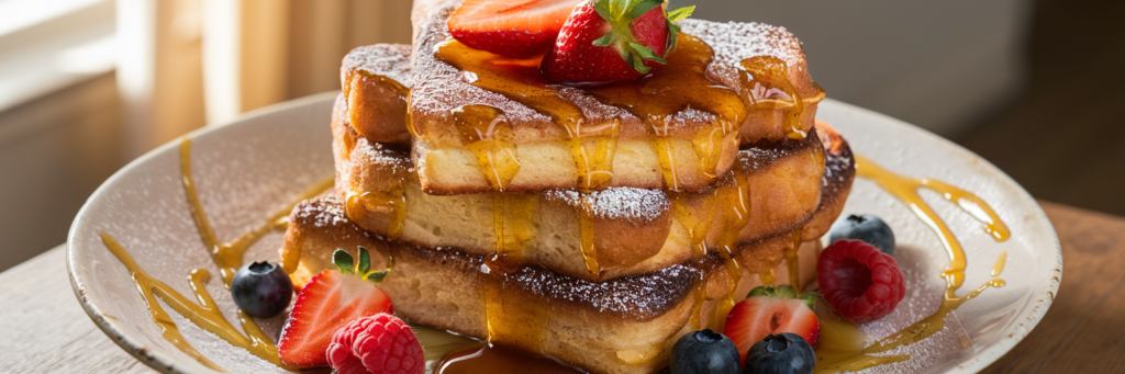 A stack of golden French toast slices drizzled with syrup, dusted with powdered sugar, and garnished with fresh strawberries, raspberries, and blueberries.