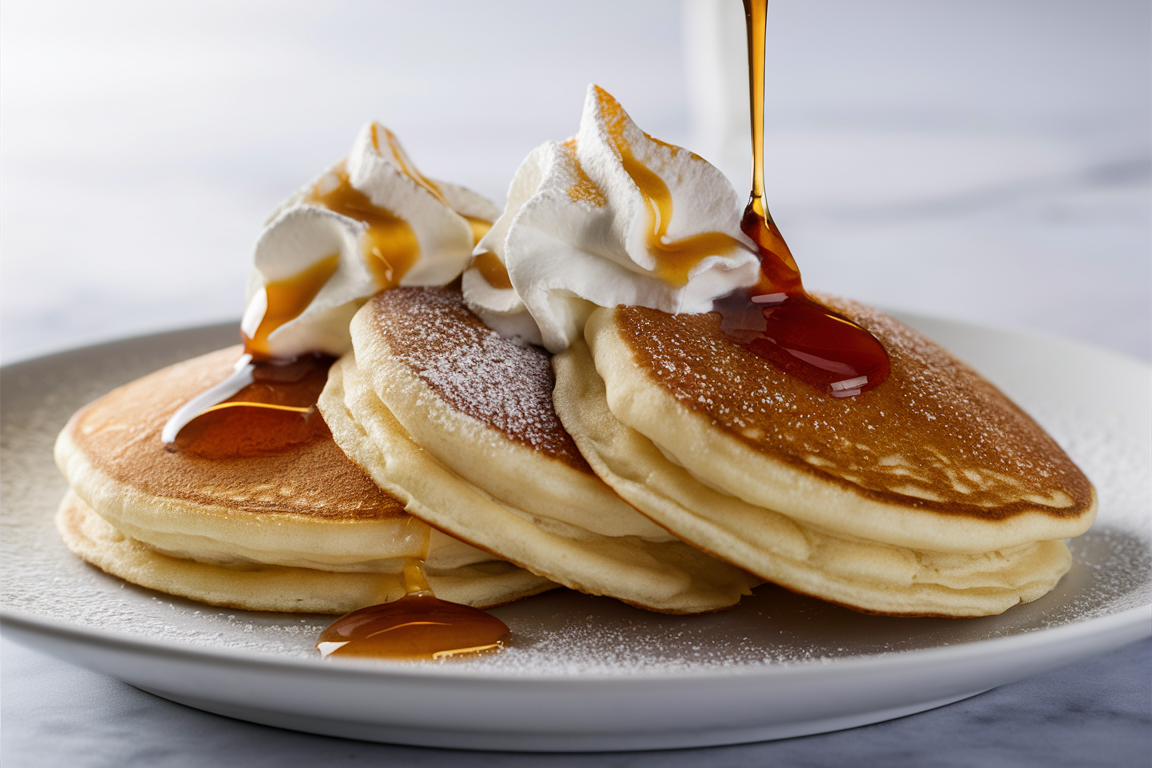 Stack of fluffy classic pancakes topped with butter and maple syrup.