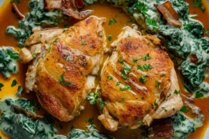 Juicy garlic butter chicken served with creamy spinach, garnished with fresh herbs.