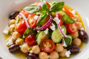 Colorful Mediterranean chickpea salad with tomatoes, cucumbers, red onions, and feta cheese.