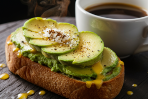 Avocado spread on toast, garnished with a sprinkle of salt, pepper, and red pepper flakes.