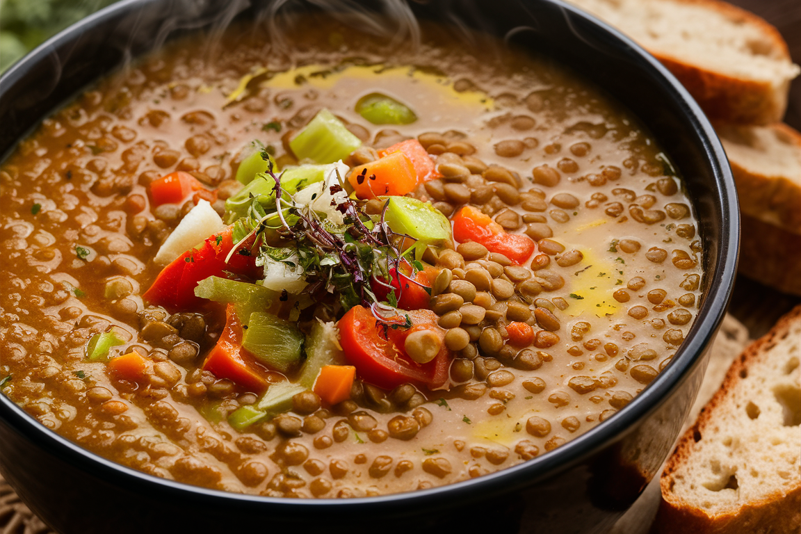 Warm bowl of lentil soup with vegetables like carrots, celery, and onions.