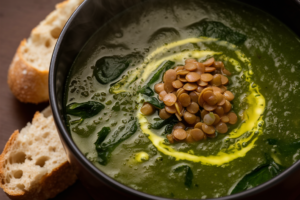 Bowl of hearty lentil and spinach soup with a rich broth and warm spices.