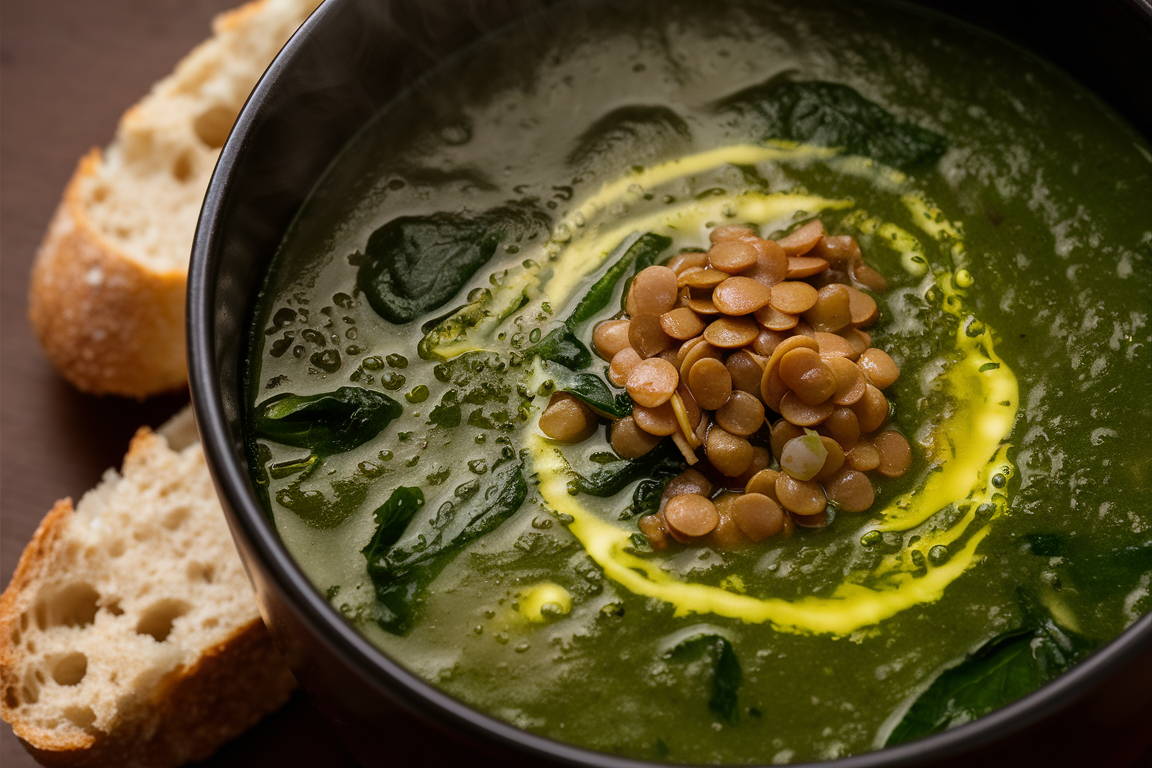 Bowl of hearty lentil and spinach soup with a rich broth and warm spices.