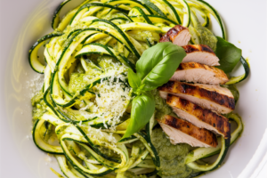 Zucchini noodles tossed in pesto sauce, topped with grilled chicken slices and garnished with Parmesan.