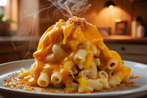 Bowl of creamy macaroni and cheese with a golden, cheesy topping.