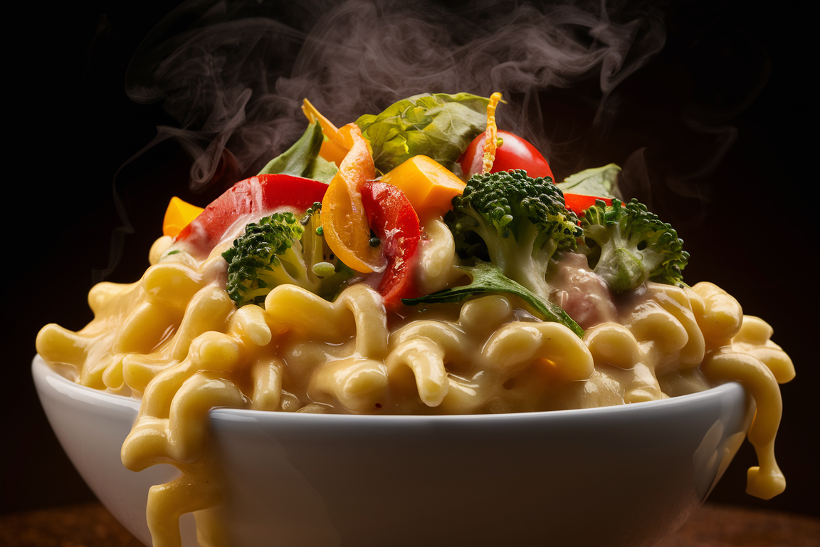 Bowl of creamy macaroni and cheese with colorful vegetables like broccoli, carrots, and peas.