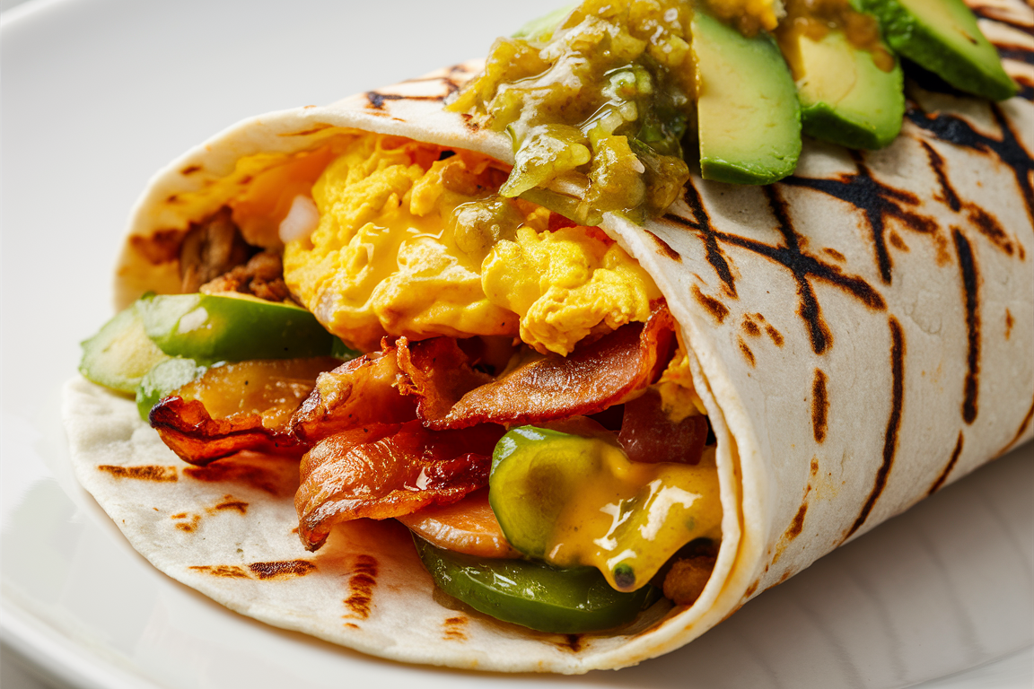 Breakfast burrito filled with scrambled eggs, cheese, avocado, and crispy bacon, wrapped in a warm tortilla.