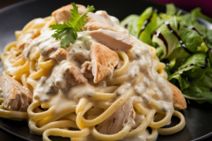 Creamy chicken Alfredo pasta with tender chicken breast slices, coated in rich Alfredo sauce and served with fettuccine noodles.