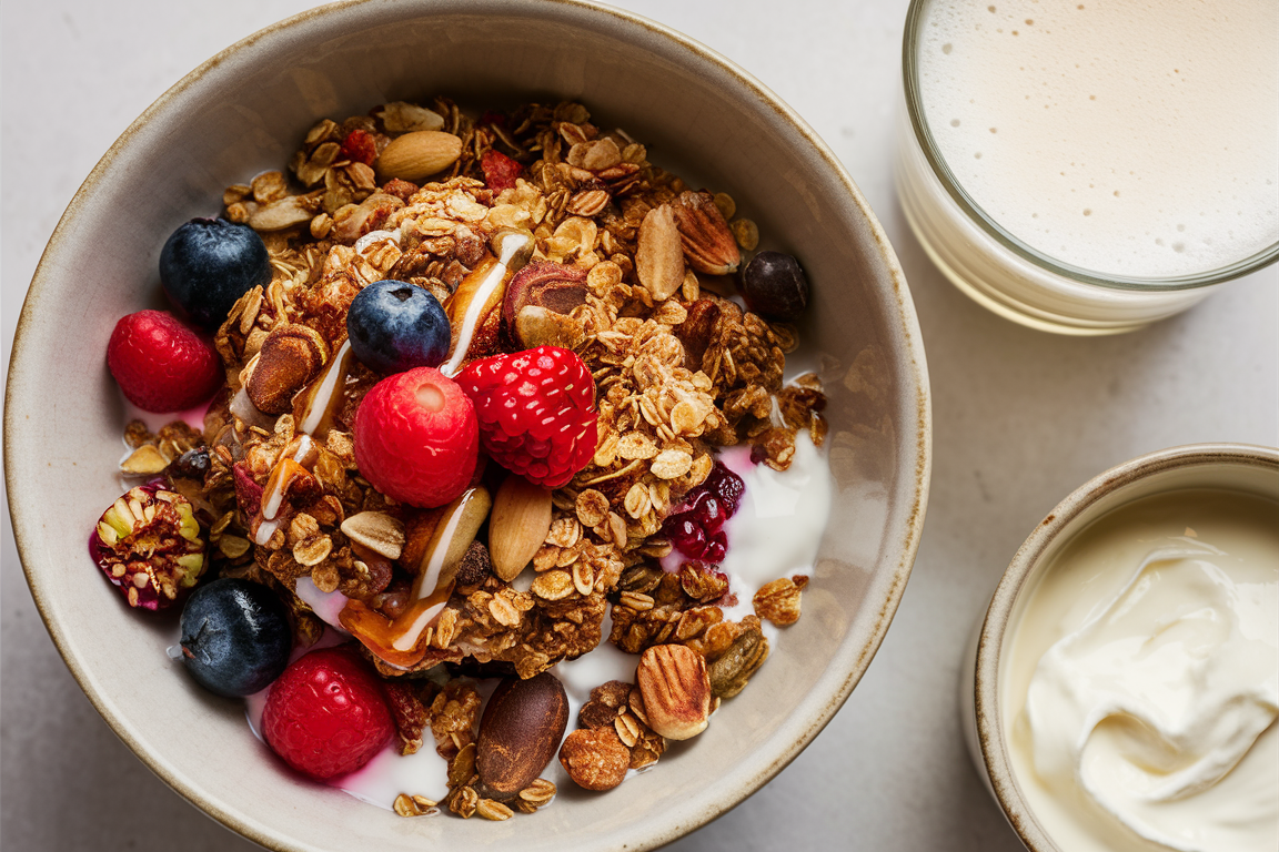 Bowl of crunchy granola served with fresh berries and milk or creamy yogurt.