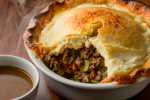 Hearty shepherd's pie with a layer of golden mashed potatoes on top of a savory meat and vegetable filling.