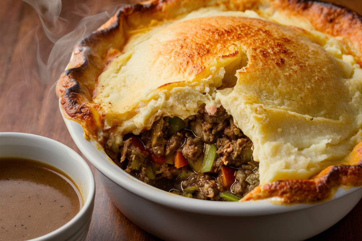 Hearty shepherd's pie with a layer of golden mashed potatoes on top of a savory meat and vegetable filling.