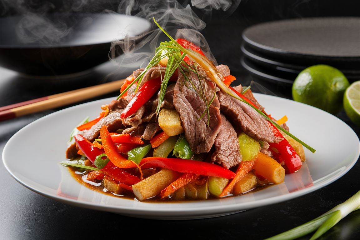 Sizzling beef stir-fry with colorful vegetables like bell peppers, broccoli, and onions, served over rice.