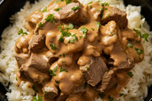 Tender beef slices in a creamy mushroom sauce served over a bed of egg noodles, garnished with parsley.