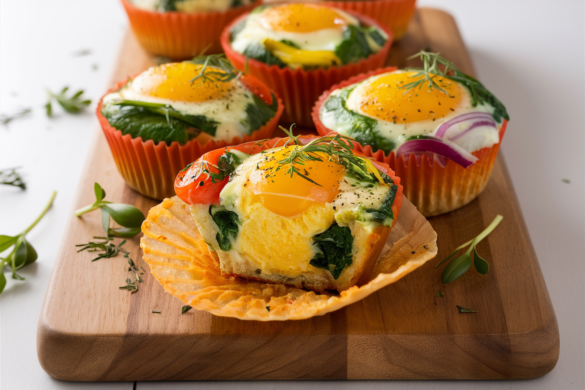 Mini egg muffins filled with vegetables, cheese, and herbs, served on a plate.