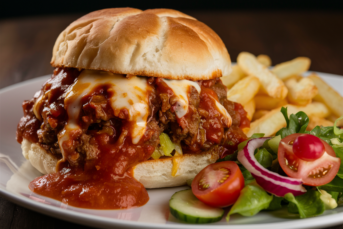 Delicious Sloppy Joes served on a bun with a rich, tangy beef mixture spilling out.