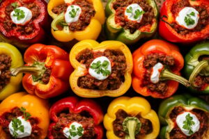 Colorful bell peppers stuffed with a flavorful mixture of rice, ground meat, and vegetables, topped with melted cheese.