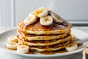 Stack of fluffy banana pancakes topped with sliced bananas and a drizzle of syrup.