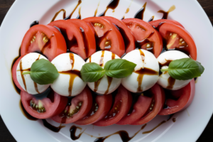 Fresh Caprese salad with ripe tomatoes, mozzarella, basil, drizzled with olive oil and balsamic glaze.