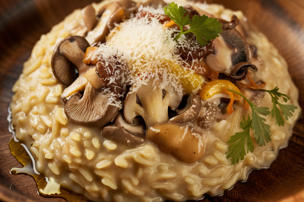 Creamy mushroom risotto garnished with Parmesan cheese and fresh herbs.