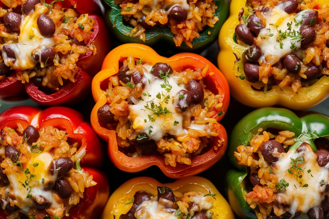 Colorful bell peppers stuffed with a savory mixture of ground meat, rice, vegetables, and herbs, baked to perfection.