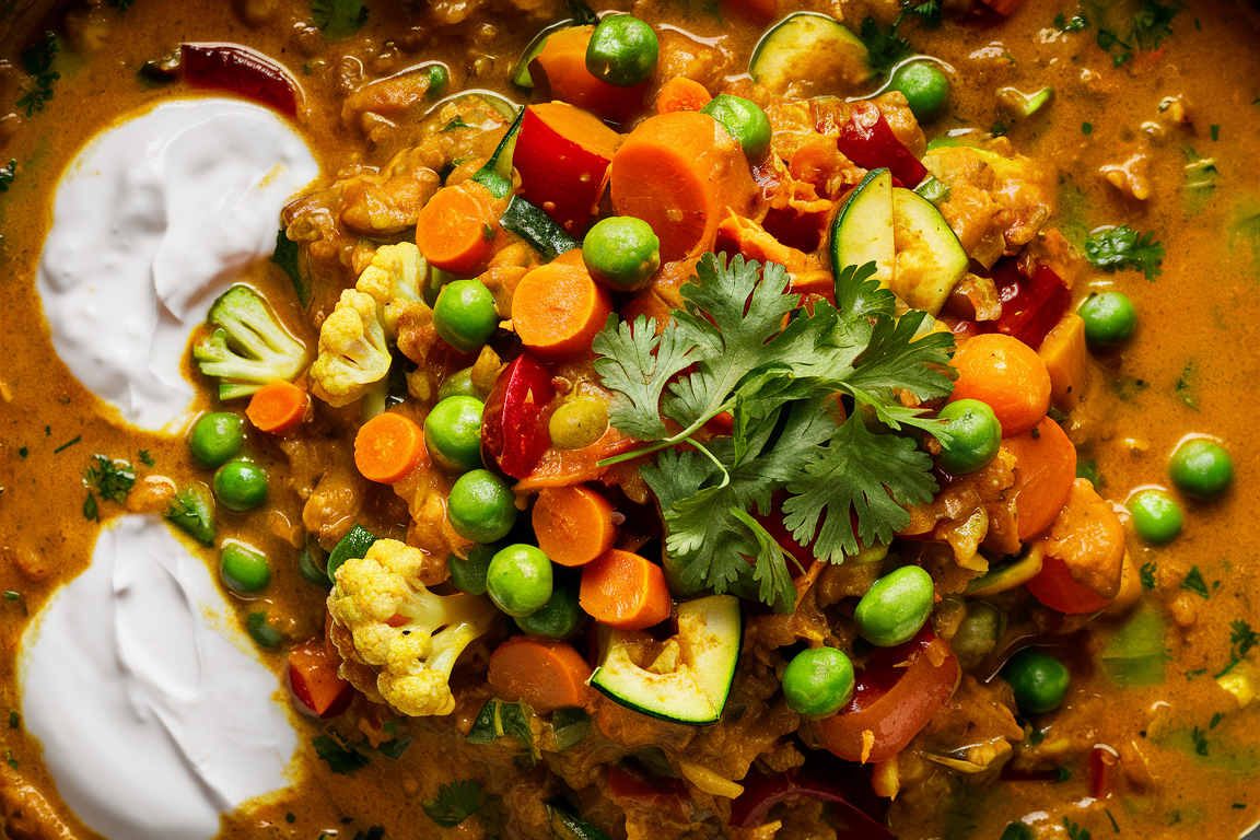 Bowl of vibrant vegetable curry with a creamy sauce, served with rice and garnished with fresh cilantro.