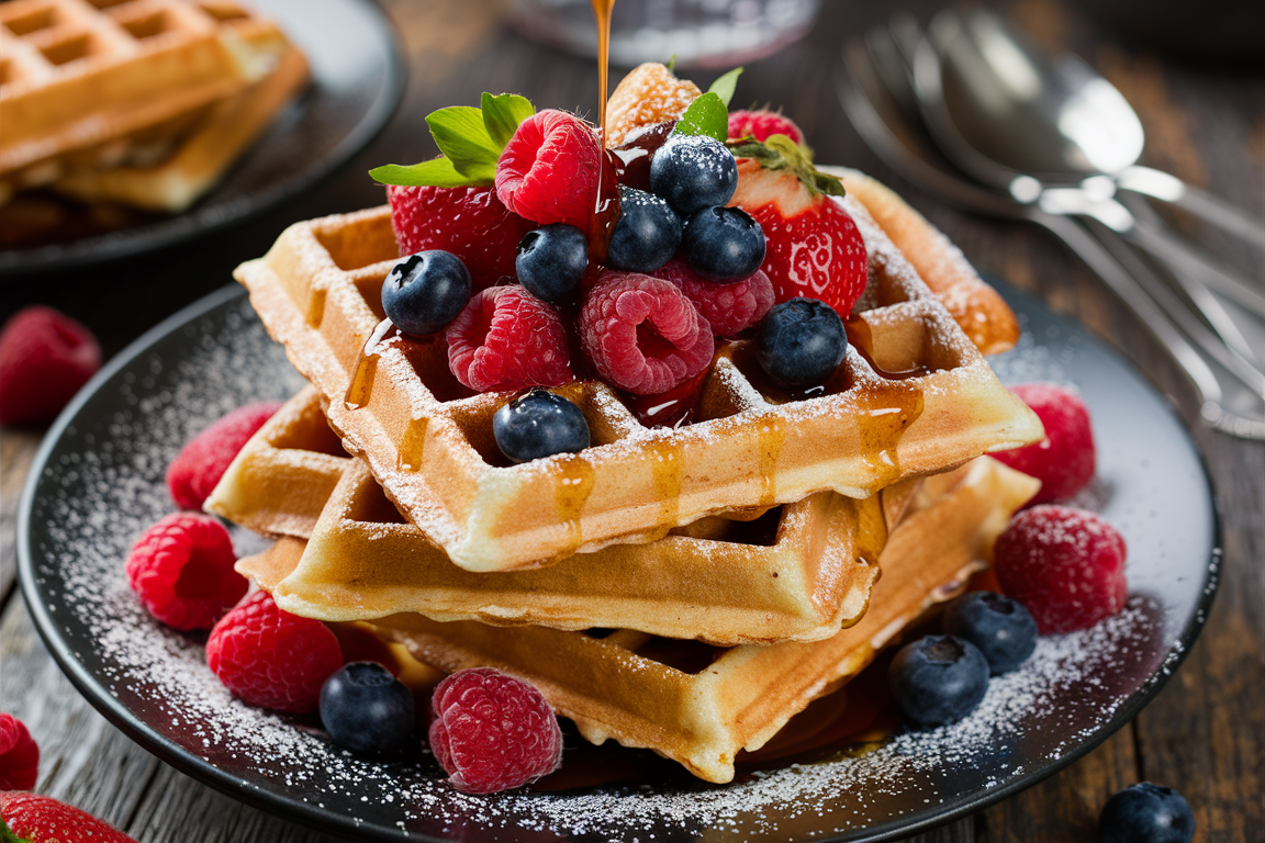 Golden waffles topped with fresh berries, a dusting of powdered sugar, and a drizzle of syrup.