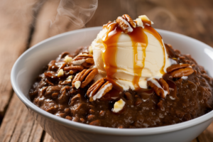 Warm bowl of creamy chocolate oatmeal topped with chocolate chips and a sprinkle of cocoa powder.