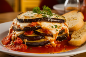 Crispy, breaded eggplant slices layered with marinara sauce, melted mozzarella, and fresh basil.