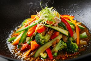 Colorful vegetable stir-fry with bell peppers, broccoli, carrots, and snap peas, tossed in a savory sauce.