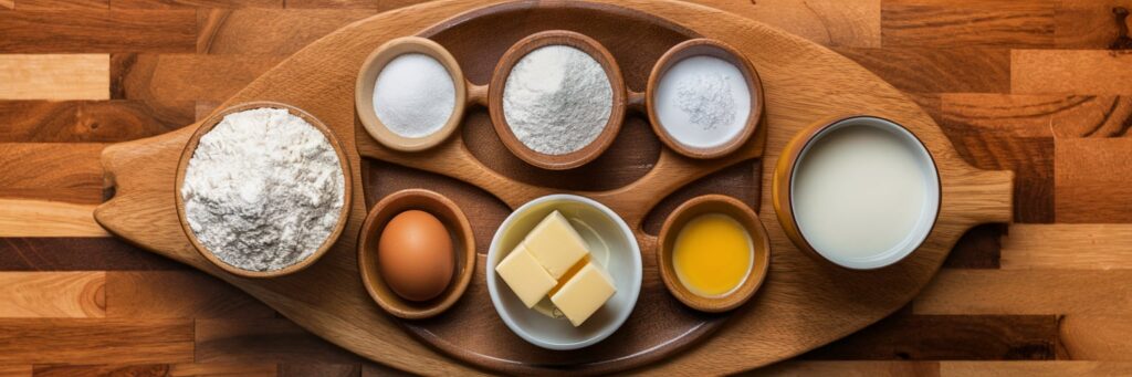 A wooden tray with neatly arranged pancake ingredients, including flour, sugar, butter, eggs, milk, and baking powder.