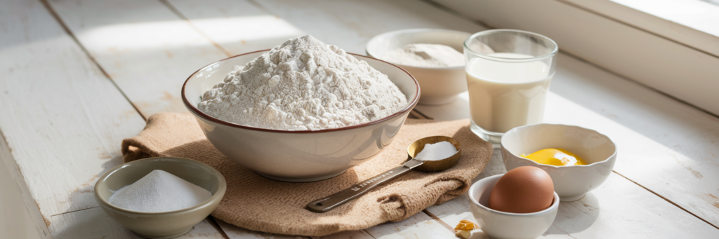 A bowl of flour, sugar, eggs, milk, and baking powder arranged on a wooden table, ready for making pancakes.