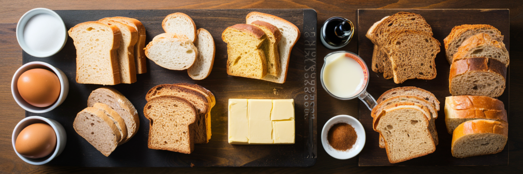 A variety of bread slices, eggs, milk, butter, sugar, and spices neatly arranged on a wooden board, ready for making French toast.