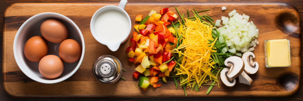 A wooden board displaying fresh omelet ingredients, including eggs, milk, diced bell peppers, onions, shredded cheese, mushrooms, and butter.