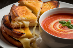 Golden, crispy grilled cheese sandwich served with a bowl of creamy tomato soup.