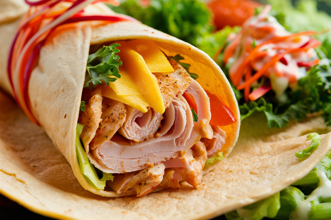 Turkey and cheese wrap with fresh lettuce, tomatoes, and a soft tortilla.