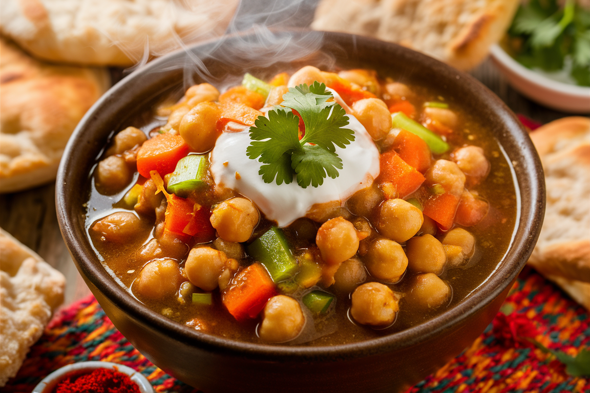 Bowl of warm and hearty chickpea stew with tomatoes, carrots, and spices, garnished with fresh herbs.