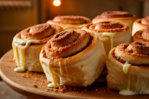 Freshly baked cinnamon rolls with a swirl of cinnamon sugar and topped with creamy icing.