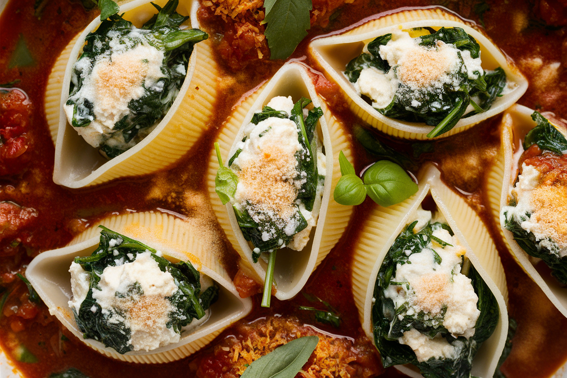 Jumbo pasta shells stuffed with creamy ricotta and spinach, baked in a rich tomato sauce and topped with melted cheese.