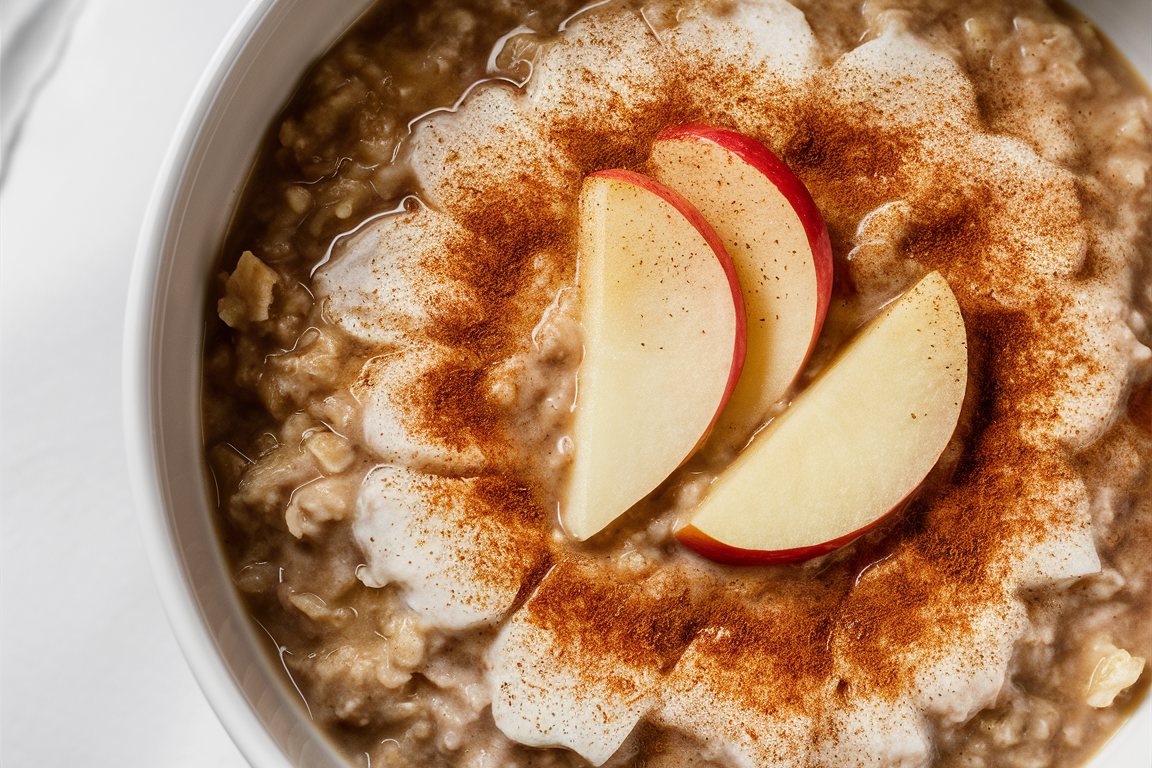 Warm bowl of apple cinnamon porridge topped with chunks of fresh apples and a sprinkle of cinnamon.