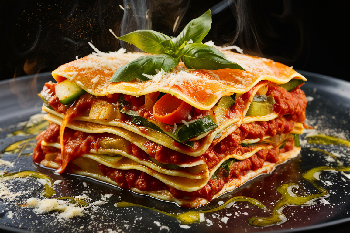 Layered vegetable lasagna with melted cheese, tomato sauce, and fresh basil.