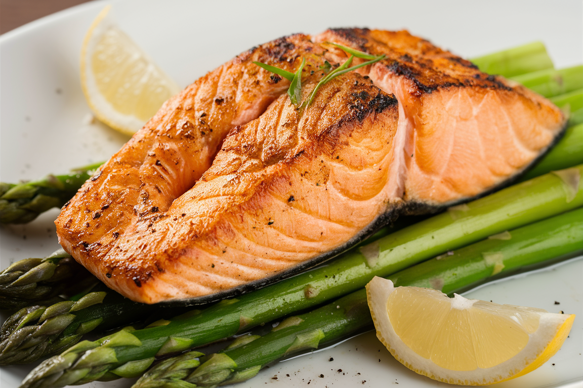 Perfectly grilled salmon fillet with a golden crust, served alongside tender asparagus spears and a lemon wedge.