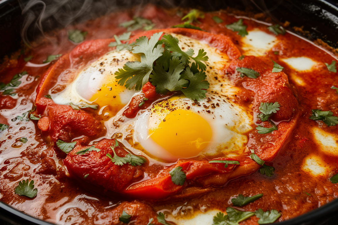 Shakshuka—eggs poached in a spicy tomato and pepper sauce, garnished with fresh herbs.