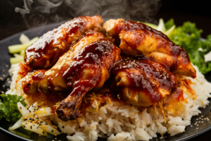 Plate of BBQ-glazed grilled chicken served with fluffy rice and fresh herbs.