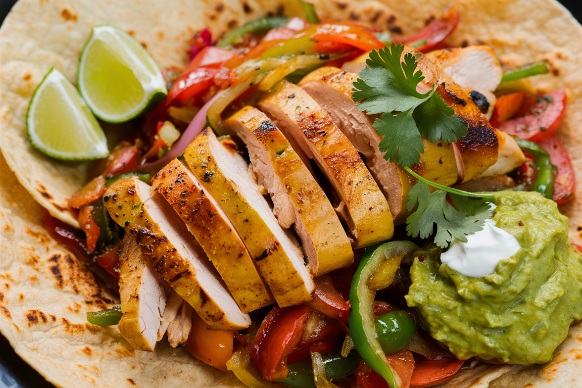 Sizzling chicken fajitas with colorful bell peppers and onions, served with warm tortillas and fresh toppings.