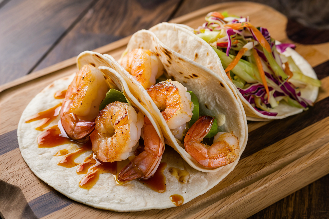 Soft tortillas filled with seasoned shrimp, crunchy slaw, and a drizzle of creamy sauce, garnished with fresh cilantro and lime wedges.