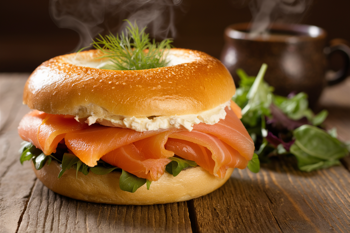 Smoked salmon on a toasted bagel with cream cheese, capers, and fresh dill.